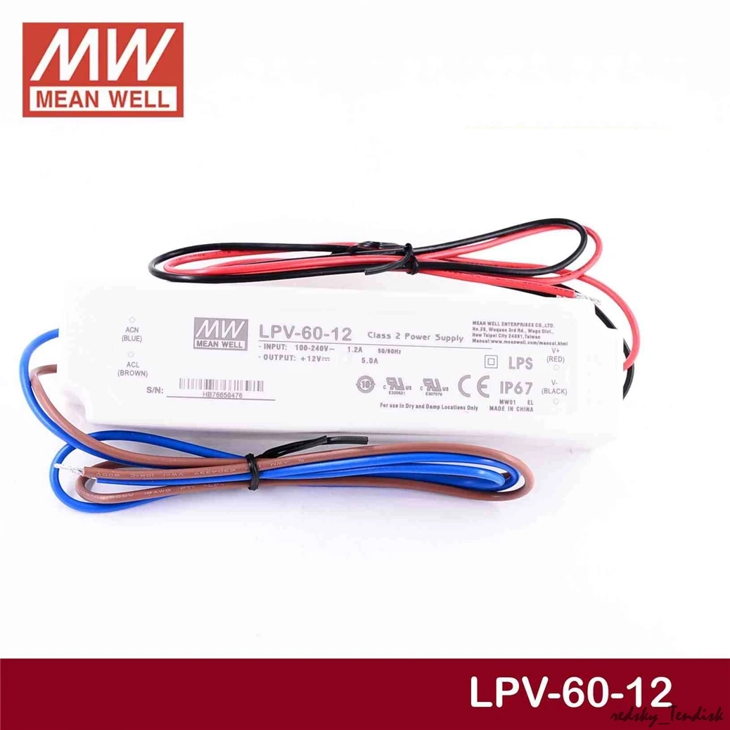 1 упаковка) Водонепроницаемый источник питания Meanwell 60W IP67 LPV-60-24V 5V 12V 15V 36V 48V 2.5A 4A 5A 8A DC светодиодный светильник