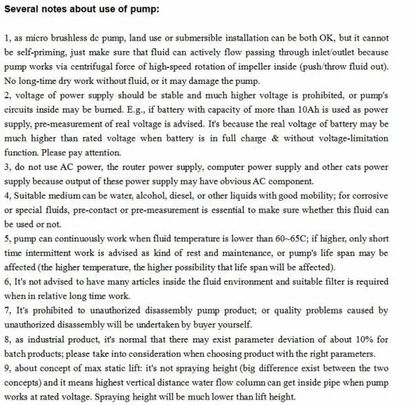 Notes about use of pump