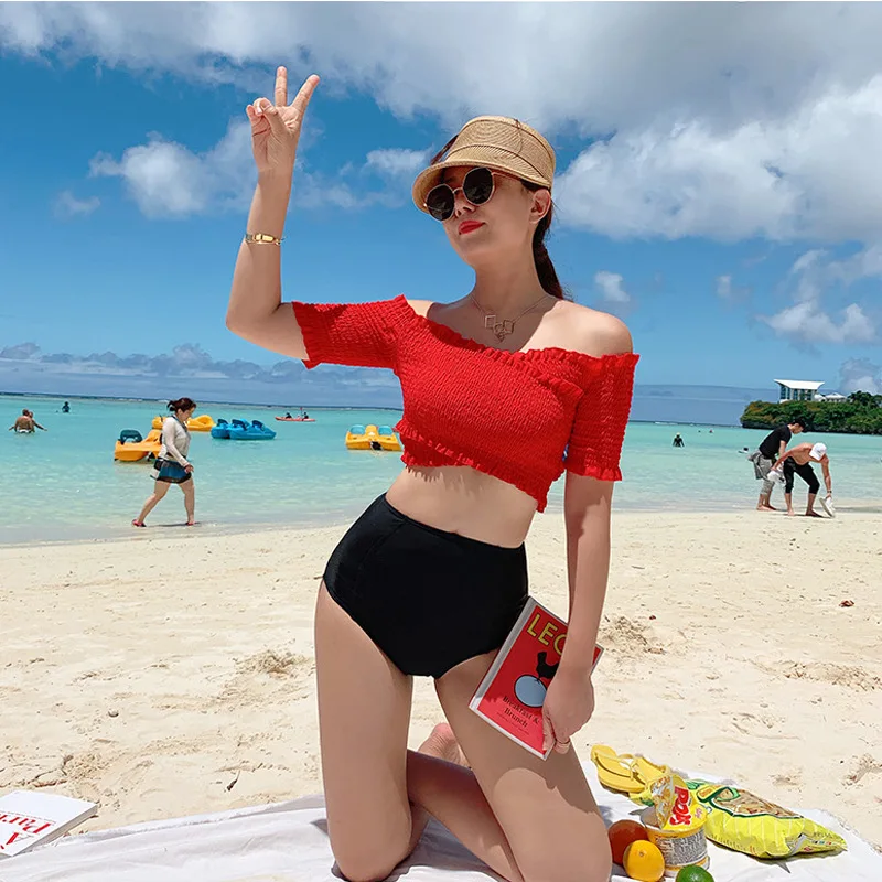 

Swimsuit For Teenager Female Indoor Swimwear 2019 Slim Sexy Word Strapless Plaid Polyester Sierra Surfer Swimsuits Women 2