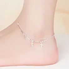 925 Серебряные ножные браслеты для женщин, простые крестообразные босоножки, вязанные крючком, двухслойные ножные браслеты для женщин, модные ювелирные изделия
