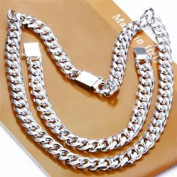 

Wholesale Fashion Jewelry, 10 MM Square Loop 2 Piece Set, 925 stamped silver plated Necklace and Bracelet Male Bijoux