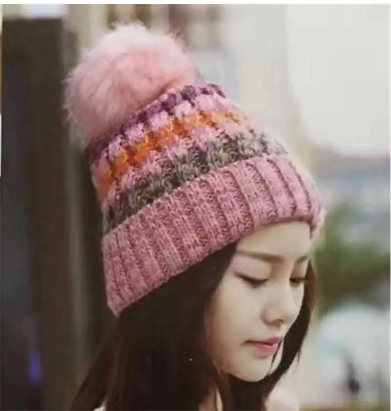 winter hat female beanie faux fur pompon hat knitted pompon beanie winter hat knitted hat winter hats (5)
