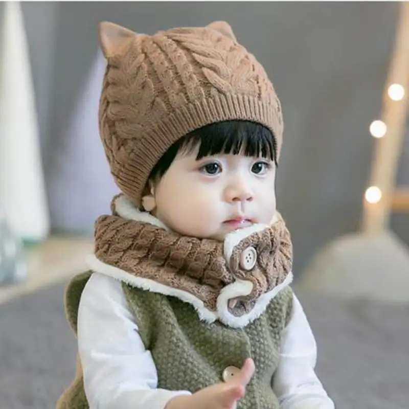 Зимняя теплая шапка для младенца+ шарф, комплект, вязаная утолщенная шапка для маленьких мальчиков и девочек с милыми ушками, однотонный детский чепчик, шапочка, подарок