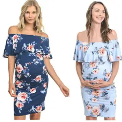 Bonjean Новый эластичный для беременных платье с открытыми плечами с цветочным принтом для беременных летнее платье облегающее платье для