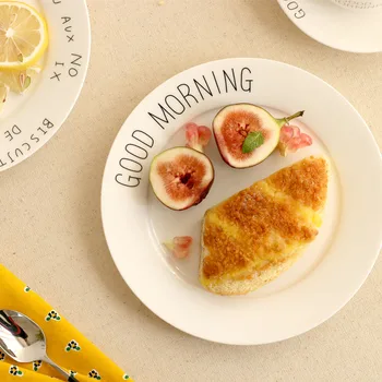 

High Quality Bone China Dishes & Plates Ceramic Round Pigmented Good Morning Letter Printed Plate Steak Dessert Dish White 3pcs