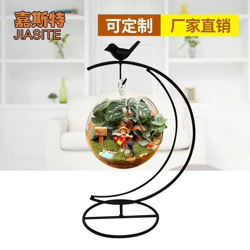 

O.RoseLif Brand Creativity hanging glass vase Moon Iron Holder With Bird Succulent Plants glass vase for wedding decoration