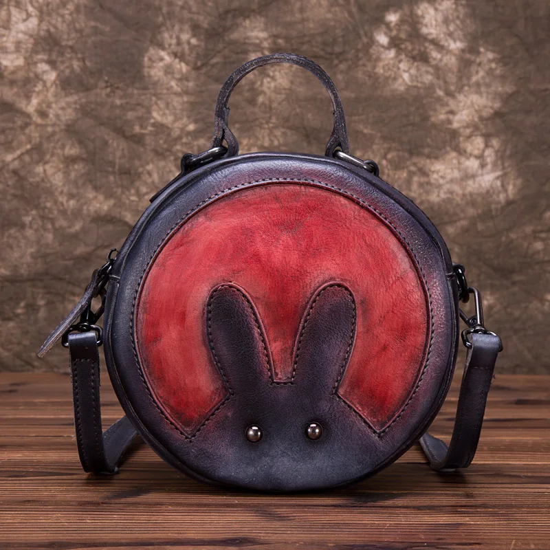 

Natural Skin Shoulder Messenger Circular Bags Rabbit Pattern Small Girls Cute Tote Handbag Genuine Leather Women Top Handle Bag
