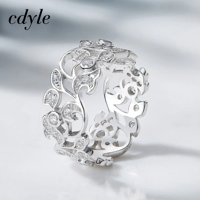 Cdyle Silver 925 Sterling Ring for Women Hollow Rhinestone Engagement Simple Bohemian Jewelry Vintage Boho Luxury Ladies Female