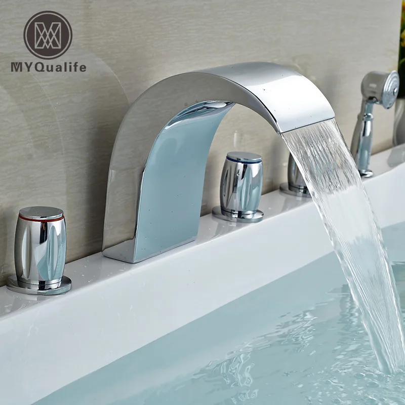 

Widespread 5pcs Bathtub Faucet Deck Mount Tub Mixer Tap With HandShower Chrome Finish