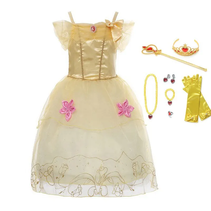 MUABABY платье Рапунцель с аксессуарами; комплект для девочек; летнее платье принцессы; детская одежда; нарядный костюм Белоснежки Софии - Цвет: Yellow Dress Set