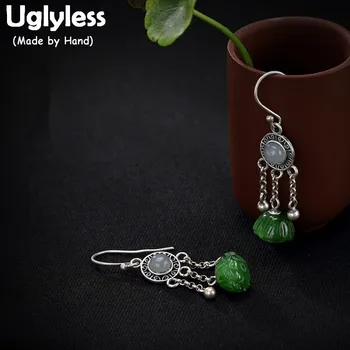 

Uglyless Real 925 Sterling Silver Natural White Jade Drop Earrings Women Jasper Lotus Tassels Brincos Fine Jewelry Ethnic Bijoux