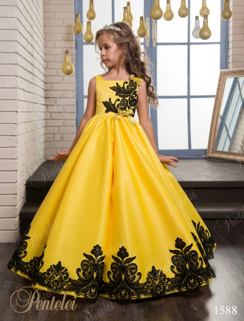 Petites Filles Pageant Robe Princesse robe de Bal En Dentelle Jaune