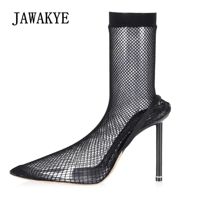 

2018 Sexy Mesh Pvc Sandals Women Pointed Toe Strange High Heel Shoes Woman Fashion Ankle Boots Summer Sock Boots