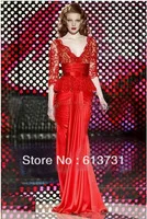 Classic V Neck 3 4 Long Sleeves Red Lace Top Mermaid Formal Zuhair Murad Evening Dresses Gowns DH4364