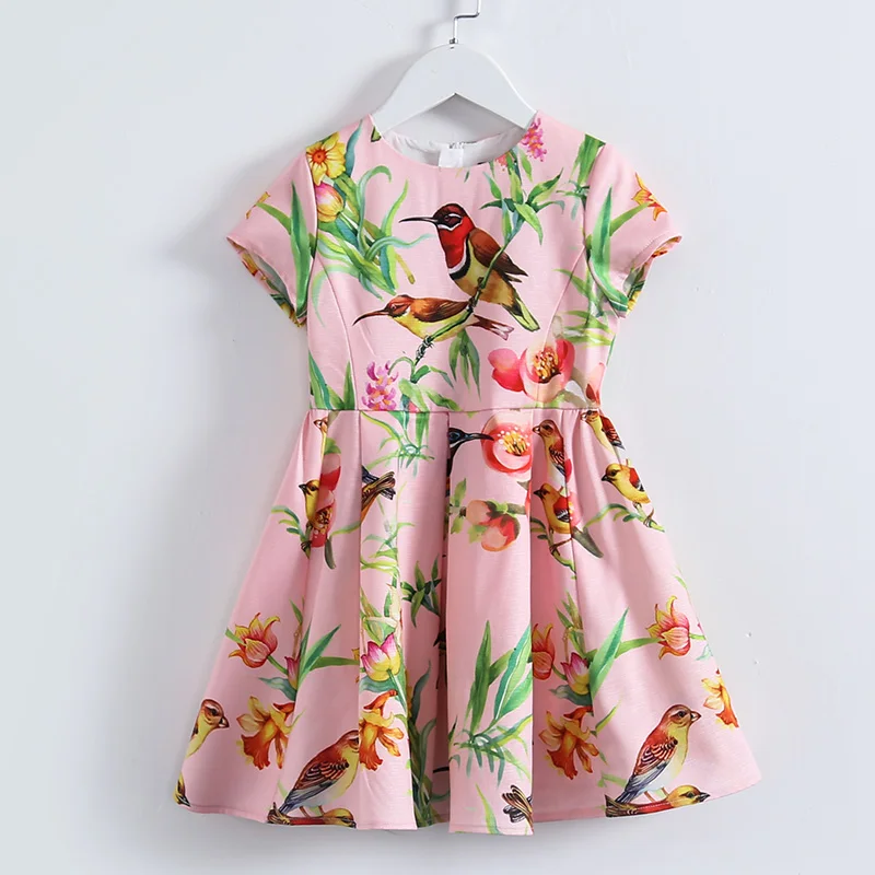 Summer children clothes Aline short sleeve big hem bird print flower dress teenager 3-14T kids girl evening party formal dresses Summer children clothes Aline short sleeve big hem bird print flower dress teenager 3-14T kids girl evening party formal dresses
