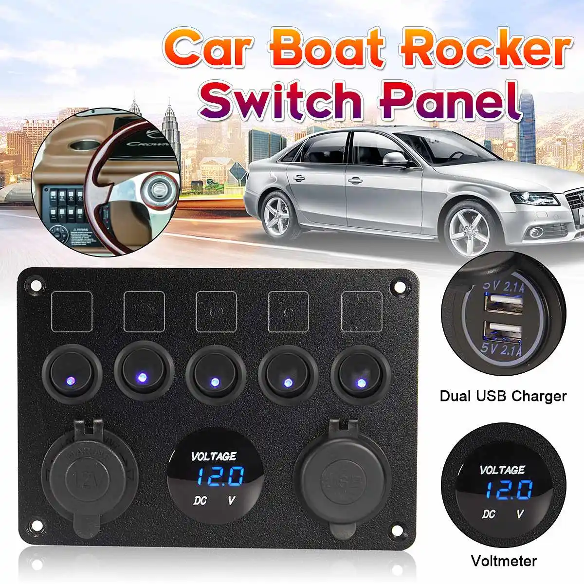 

ABS Dual USB charging ports Switch panel for controlling universal with 15A fuse protection function