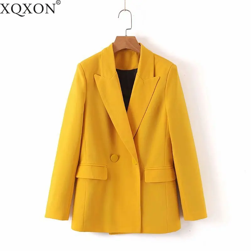 

2019 Fall Yellow Blazer Double-breasted Women Loose Coat Office Lady Leisure Small Suit Jacket High Quality Clothes