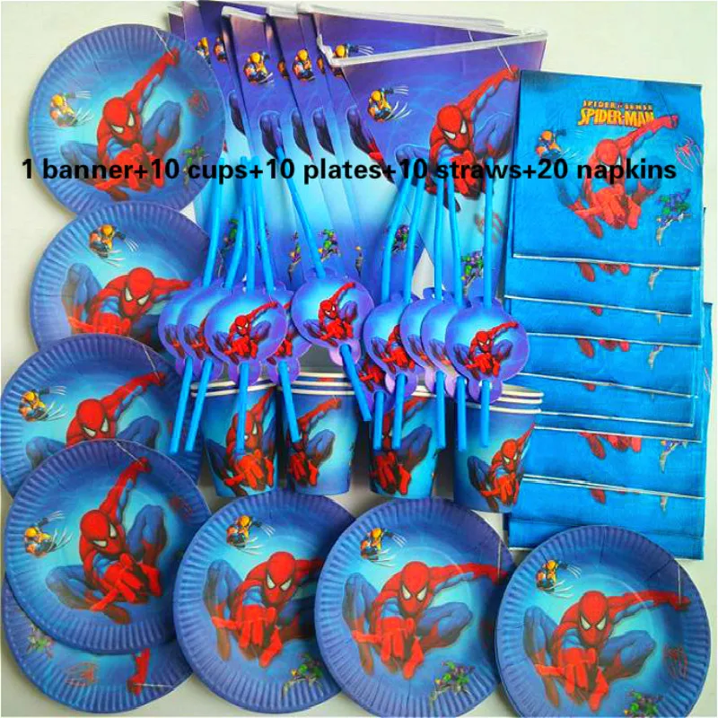 

51 pcs Spider super man cup+napkin+plate+straw+banner happy birthday kids baby shower paper Party Decoration Set Theme Supplies