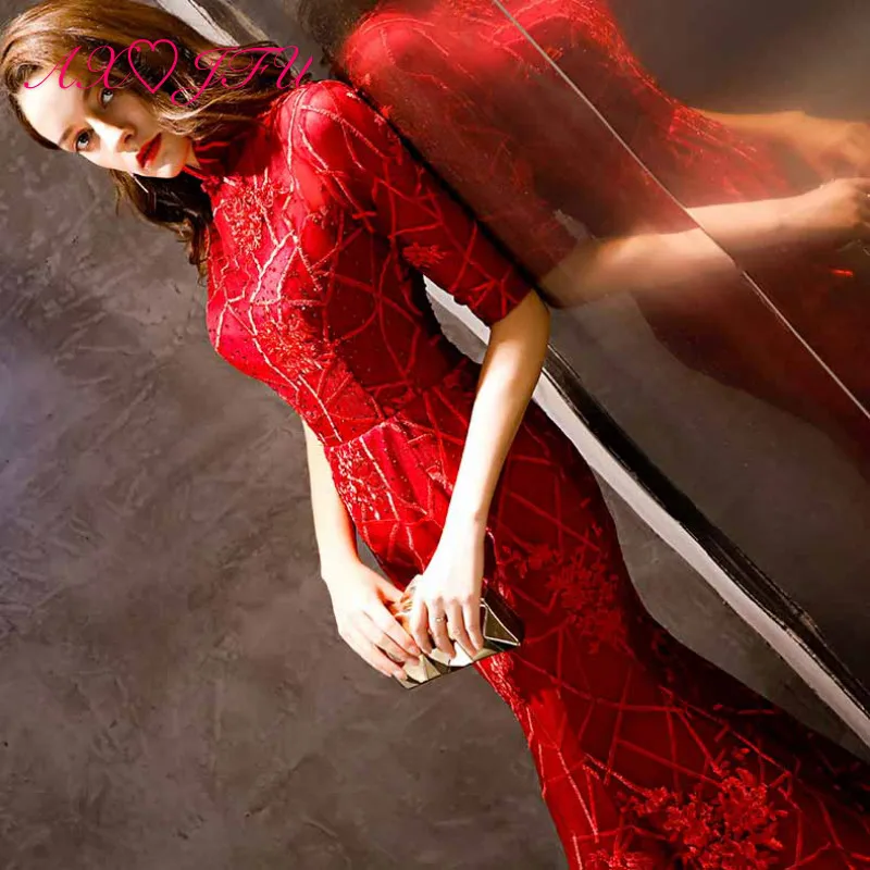AXJFU принцесса красный кружево трубы вечернее платье Турция Роскошные Высокая средства ухода за кожей Шеи Дубай Иллюзия цветок полурукав