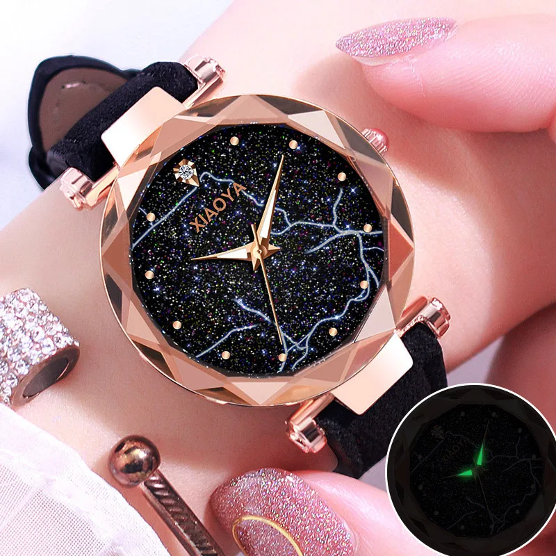 

Women Starry Sky Lightning Dial Watch Fashion Diamond Ladies Red Leather Quartz Wrist Watches Luxury Rose Gold Female Clock 2019