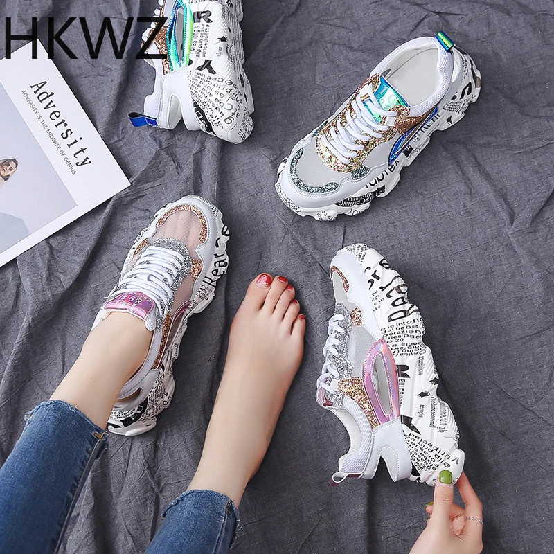 

Spring sports flat women's shoes casual breathable mesh wild Harajuku fashion sequins rhinestones with muffin platform sandals