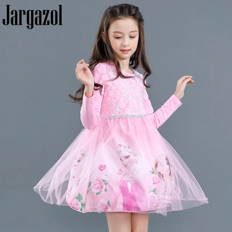 

Toddler Girl Dresses Cartoon Lisa Anna Princess Printed 3D Flower Embroidery Mesh Long Sleeve Spring Dress Girl Party Clothes