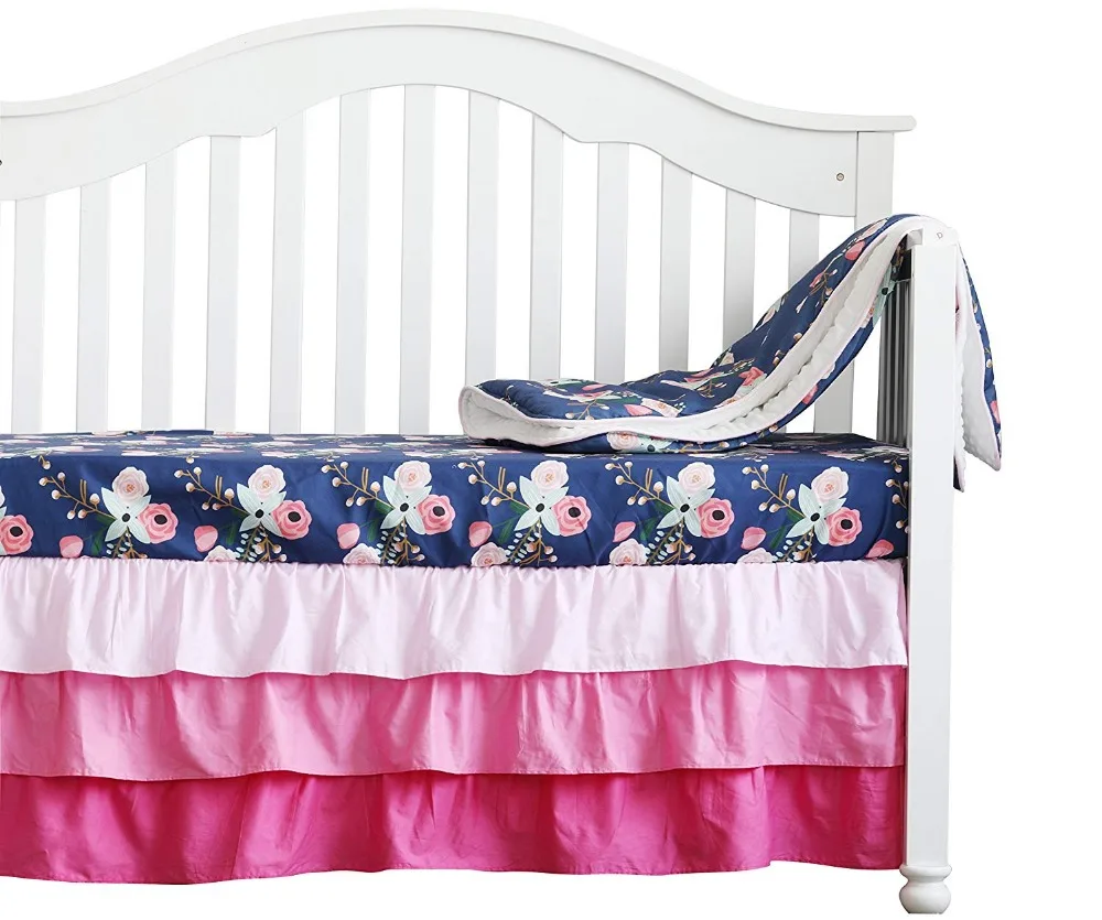 navy and pink floral crib bedding