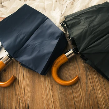 

High-quality Automatic Umbrella Male Wood handle Strong Windproof Super 10 Ribs Outdoor Hook Handle Black Blue Rain Umbrellas