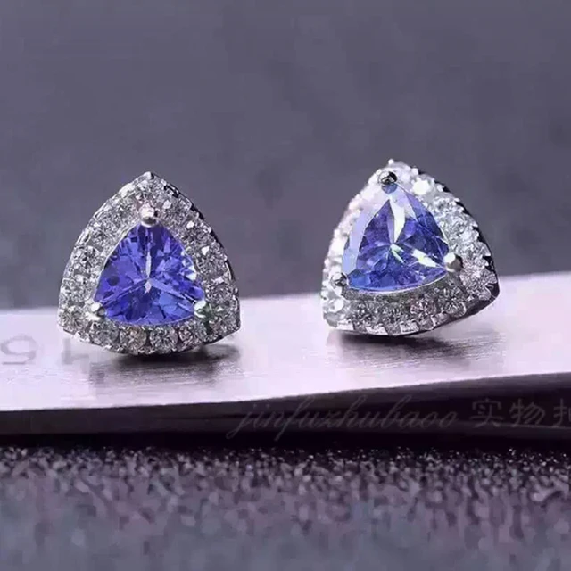 Aliexpress 100 925 Sterling Silver Triangle Genuine 100 925 Sterling Silver Triangle Genuine Natural Tanzanite Earring Women Best Gift Sepcial Pave Setting