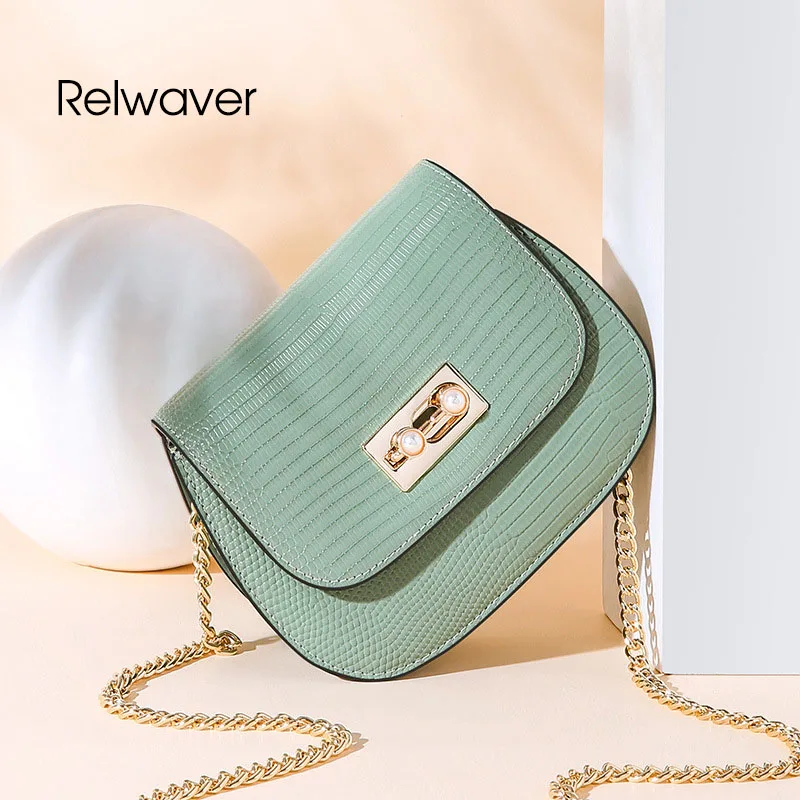 

Women shoulder bag genuine leather lizard pattern cowhide pearl lock mini saddle shape green white black caramel messenger bags