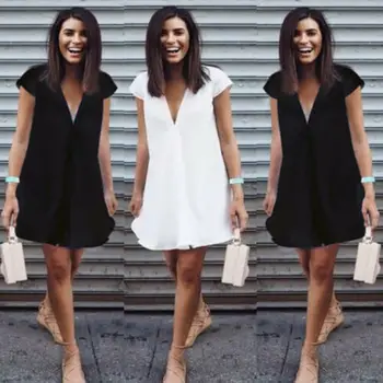 

Sexy Women Summer Deep V-Neck Dresses Casual Plus Size Short Mini Black Dress New 2019 Vestidos