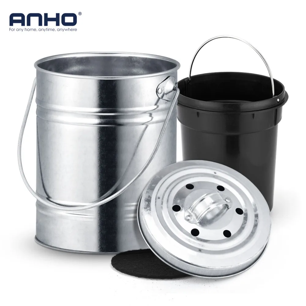 ANHO الفولاذ علبة قمامة من الصلب مزيل العرق البسيطة دلو مع غطاء السماد بن مكافحة أعلى سلة مهملات المطبخ القمامة التخزين دلو