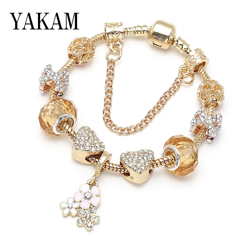

Clear CZ Heart Bead Pulseras Fit Original Charms Bracelet Beads Gold Color Flower Safe Chain Charm Women Fashion Jewelry Bangles
