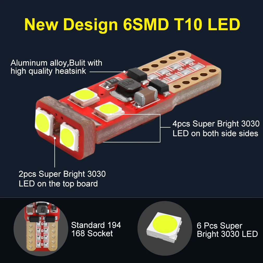 1 шт. T10 W5W светодиодный светильник 6 SMD Белый Синий Красный Желтый 194 168 супер яркие
