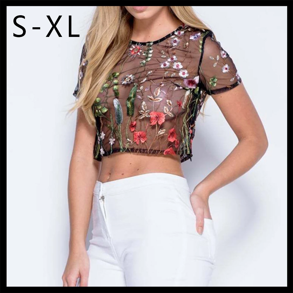 Summer Women clothing Embroidered Flower Gauze Perspective Short Seeve ...