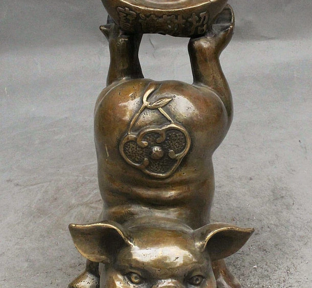 

8" Old China FengShui Bronze Wealth Handstand Zodiac Pig Money YuanBao Statue