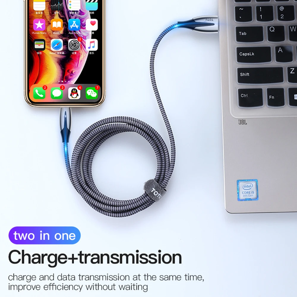 Usb кабель TOTU 2.4A светодиодный нейлоновый для iPhone 11 Pro Max XR X Xs 5 5S 6 6s 7 8 Plus шнур быстрой