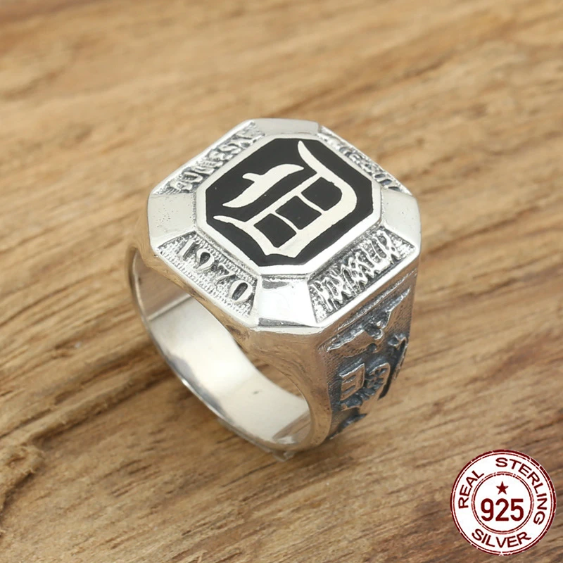 

S925 sterling silver ring personality fashion jewelry vintage engraving vampire diaries D letter punk men's ring 2018 new hot