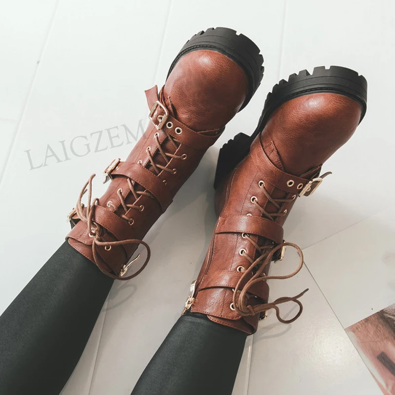 LAIGZEM Women Ankle Boots Mid Chunky Heels Combat Cow Girl Boots Punk Studs Boots Shoes Woman Botines Mujer Small Big Size 32-43