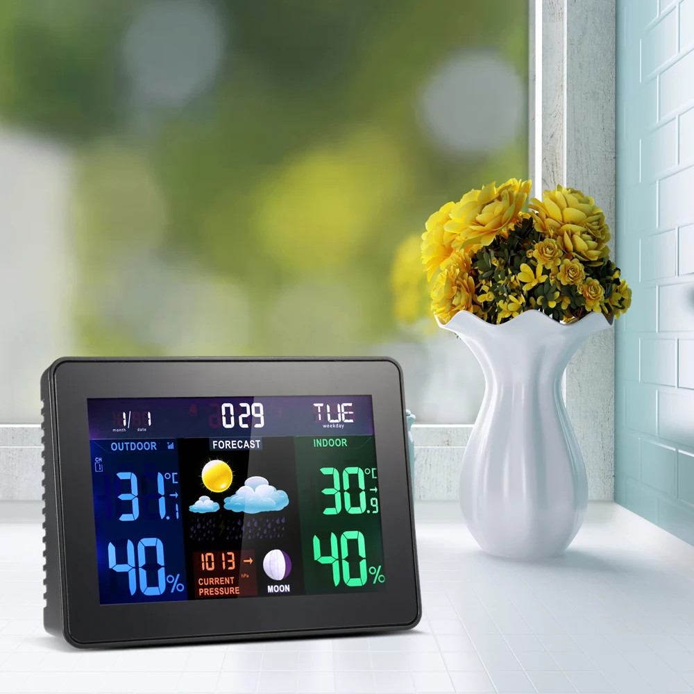 

Digital LCD Wireless Weather Station Alarm Clock Snooze Function Indoor Outdoor Thermometer Hygrometer Barometer Calendar