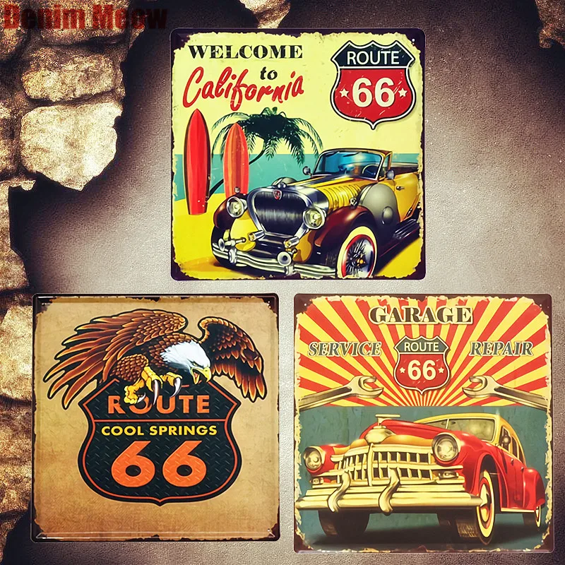 Route 66 винтажные металлические оловянные автомобильные декоративные тарелки