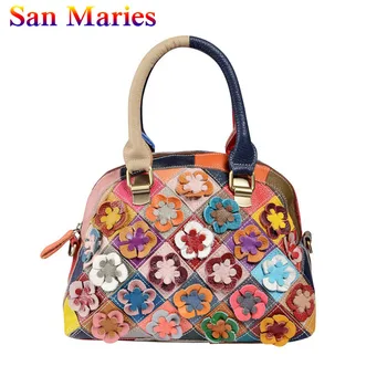 

San Maries Vinatge Flower Patchwork Handbag Ladies' Genuine Leather Handbag Cowhide Shoulder Bag Casual Female Crossbody Bag
