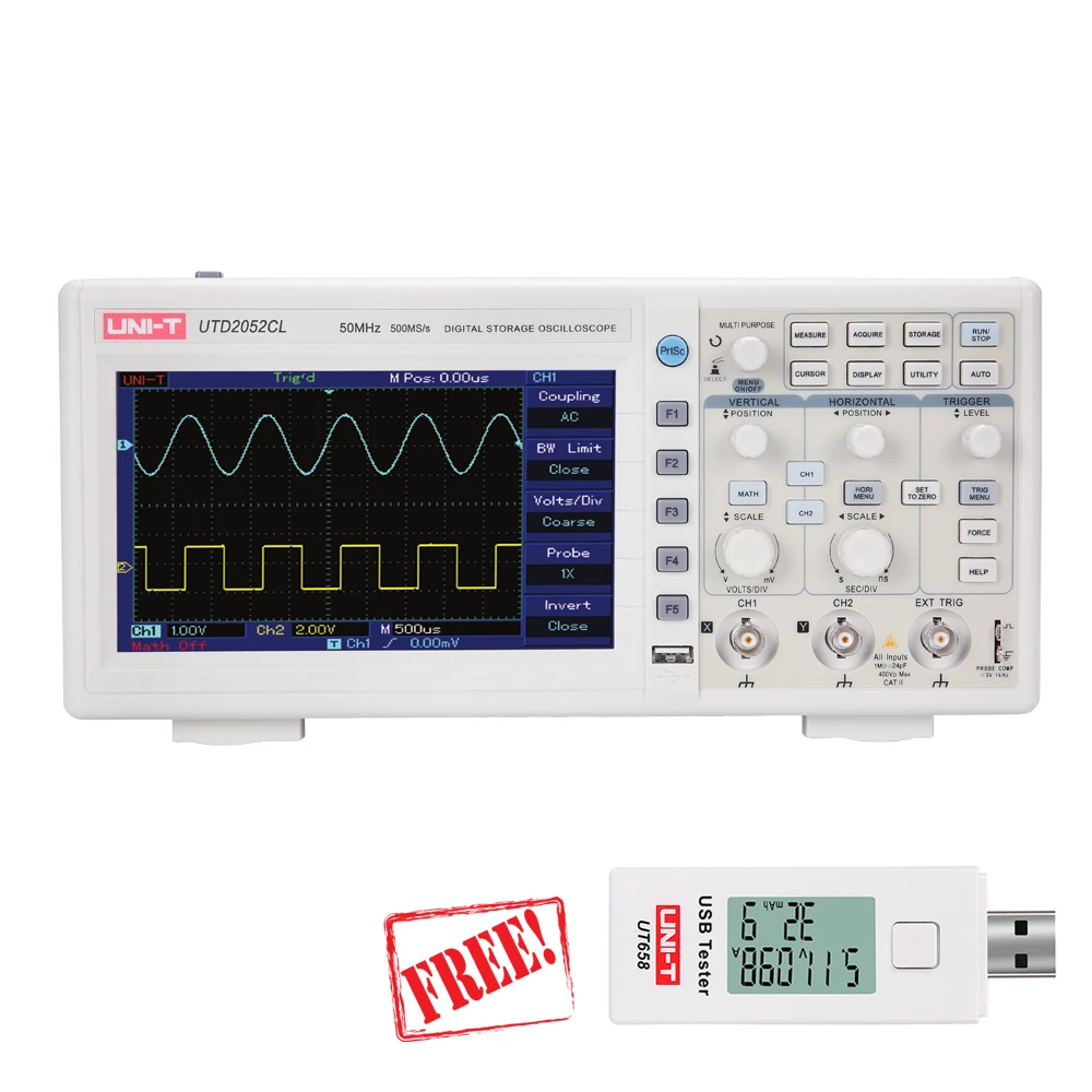 

UNI-T UTD2052CL oscilloscope 50MHz 500Ms/s USB Digital Storage Oscilloscope DSO 2 Channels USB Tester Free