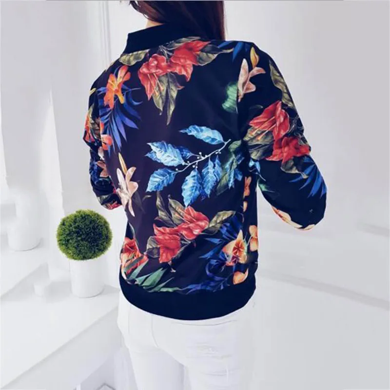 Women Jackets Flower Floral Print Retro Ladies Zipper Up Short Thin Slim Bomber Jacket Coats Fashion Basic Casual Outerwear