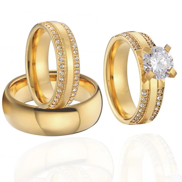 Beautiful 3 Pieces Engagement Rings Sets Gold Color Custom Handmade Cubic Zirconia Wedding Band Couples Rings Beautiful 3 Pieces Engagement Rings Sets Gold Color Custom Handmade Cubic Zirconia Wedding Band Couples Rings