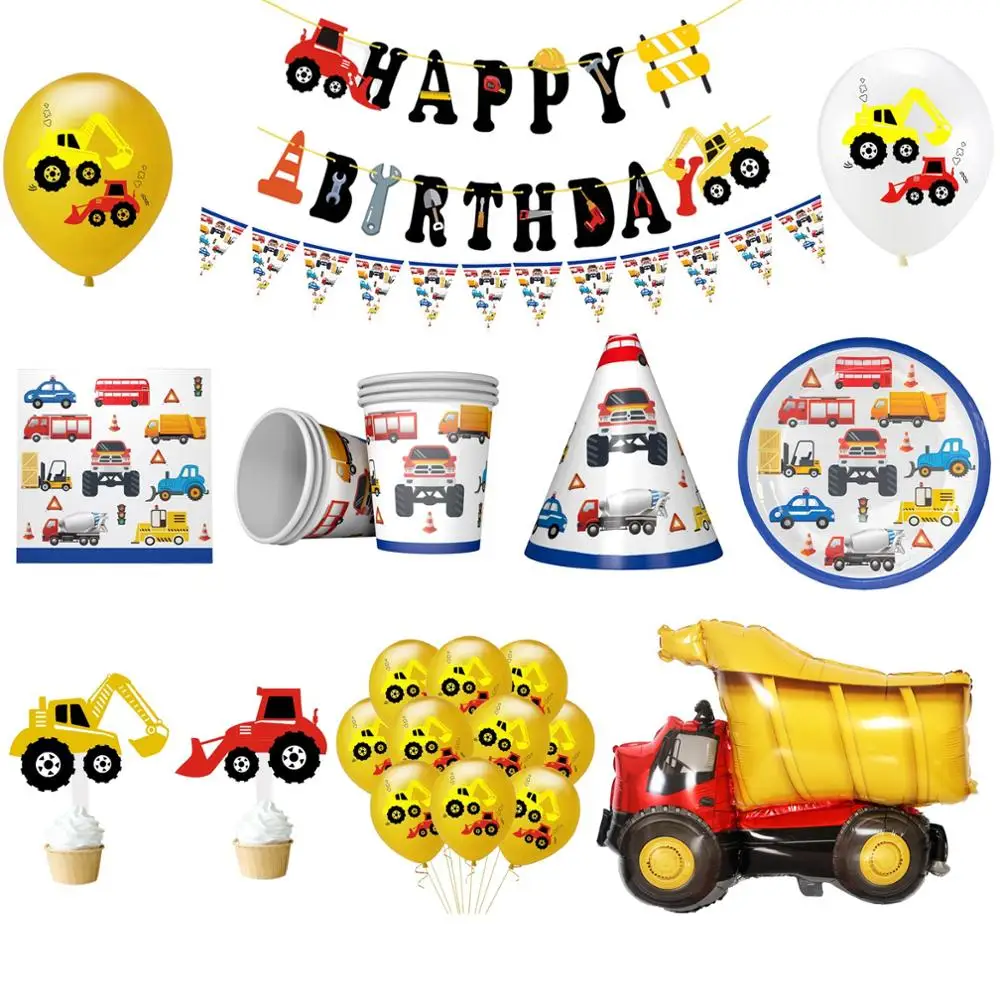 

Cartoon Construction Car Party Decor Blue Engineering Car Disposable Tableware Excavator Cake Topper Birthday Party Supplies