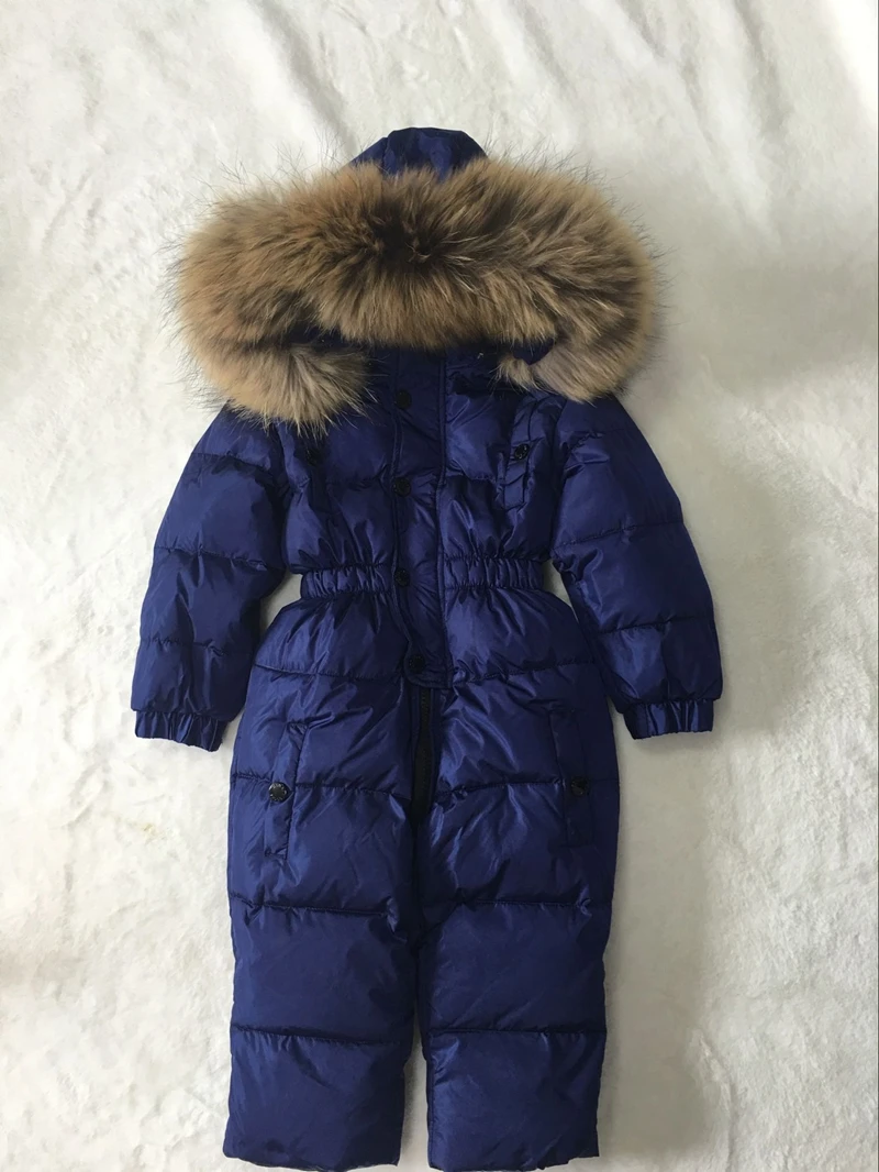 Зимняя куртка с капюшоном и натуральным мехом, детские куртки, детский комбинезон, зимний костюм, черный комбинезон с цветочным принтом для девочек - Цвет: Синий