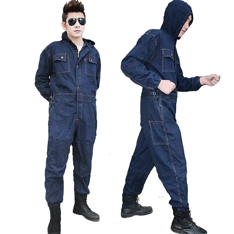 Mens Overalls Denim Work Clothing Hooded Coveralls Plus Size Labor