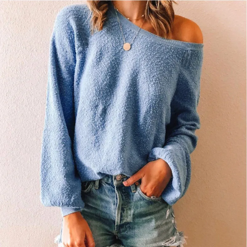 

Women Sweater Pullover Basic Rib Cold Shoulder Velvet Tops Solid Krew Neck Essential Jumper Long Sleeve Sweaters