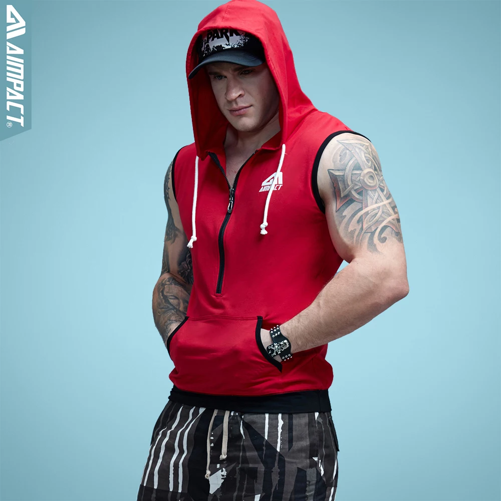 Aimpact Men's Fit Sleeveless Tapered Zip Hoodie